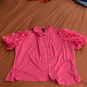 Women's Pink Short-Sleeve Button Front Top with Ruffle Sleeve Detail